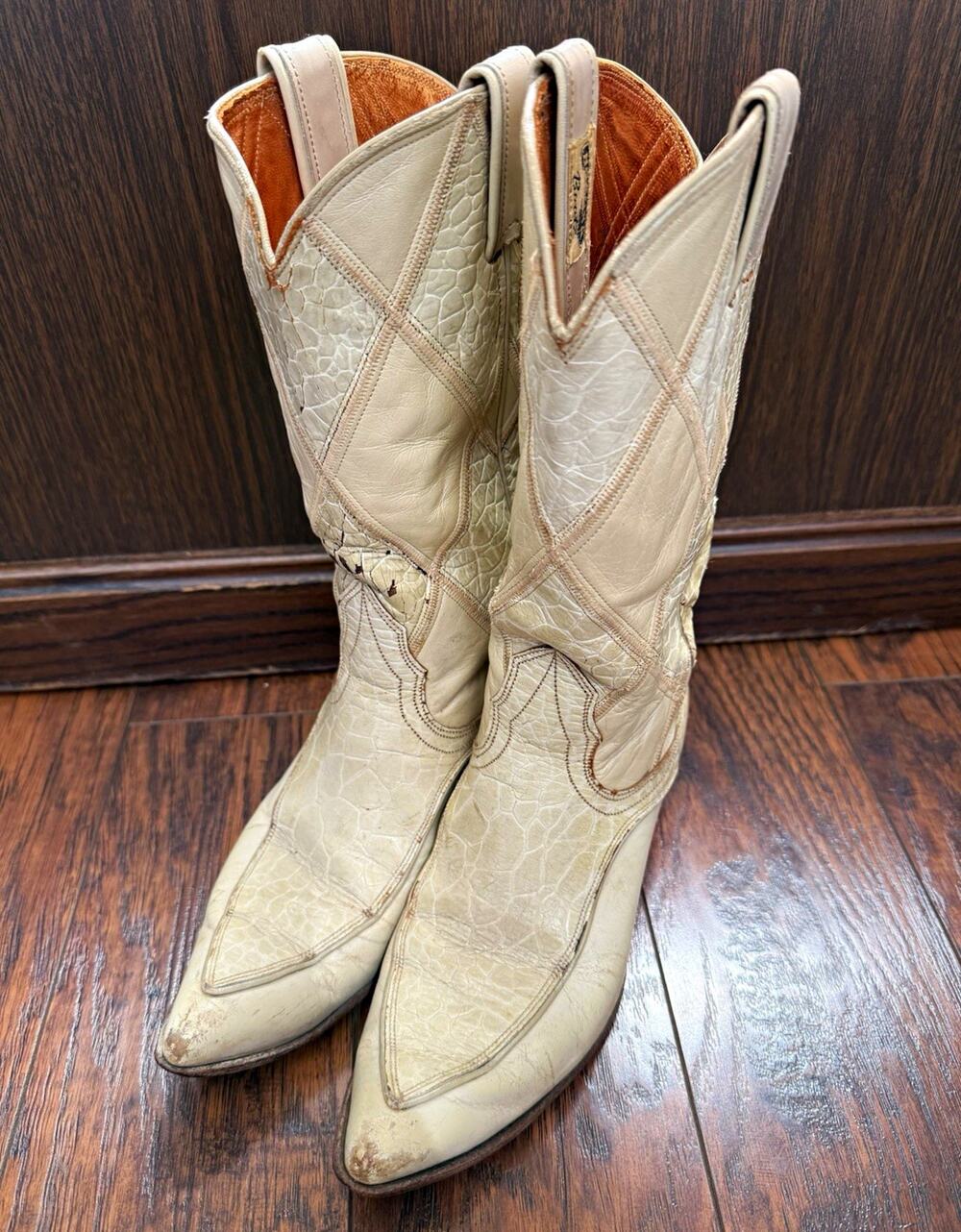 Vtg 1970s Nocona Ladies 7 Sea Turtle Print Cowgirl Boots Ivory Leather Western